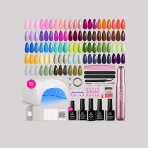 May include: A comprehensive gel nail polish kit featuring 55 colorful nail tips, a white UV LED nail lamp, a pink electric nail drill, five black nail files, a metal cuticle pusher, nail clippers, a brush, and five bottles of gel polish.