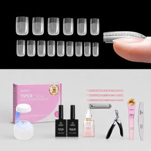 May include: A Beetles TIPEX-Lite nail kit including a pink box, a white portable LED lamp, top gel, base gel, nail glue remover, three glittery sticks, a metal nail clipper, a black and silver cuticle nipper, a 20g tube of glue, and a nail file.
