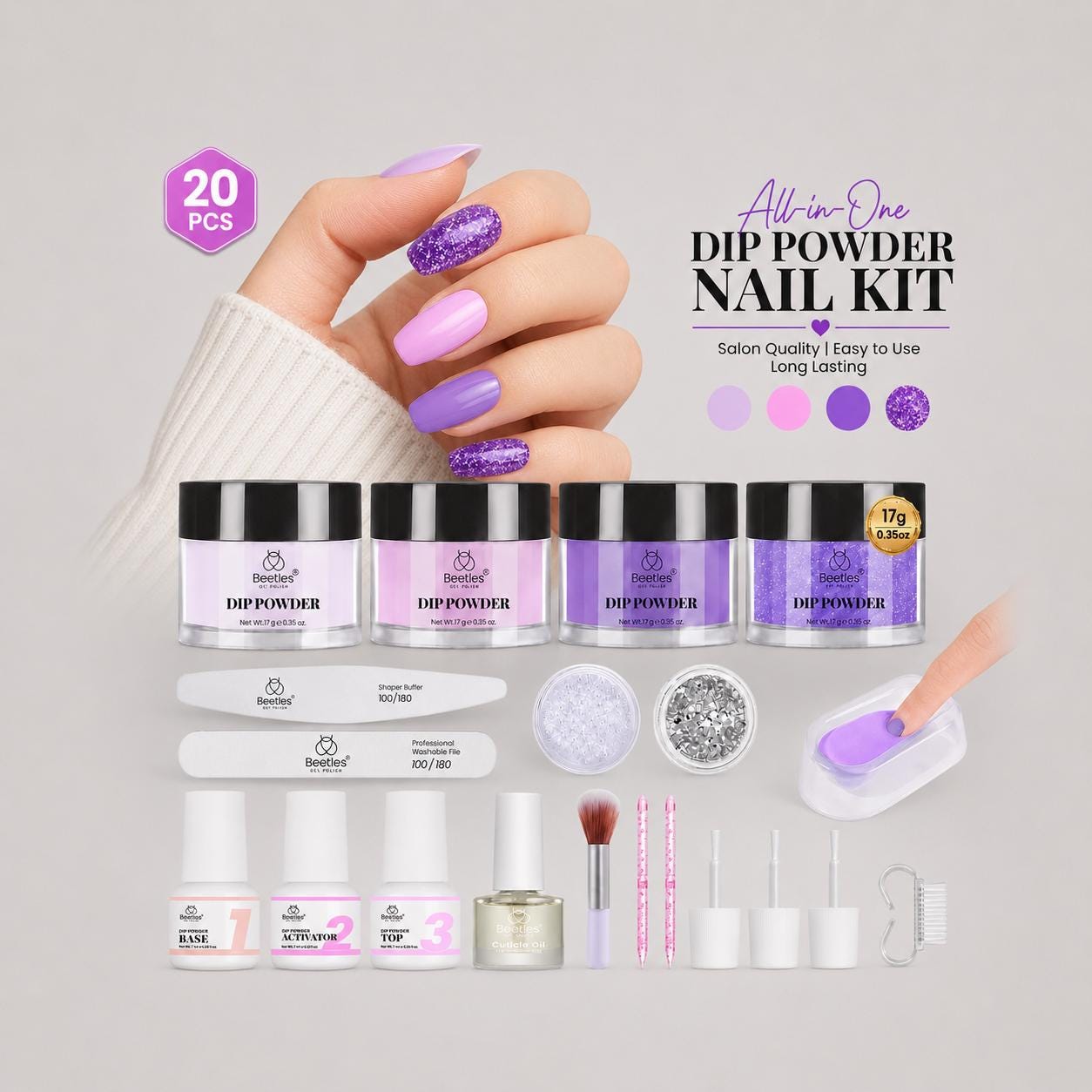 Beetles Pastel Dip Powder Nail Kit - 4 Colors Glitter, Base, Activator, Top Coat