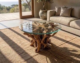 Sculptural Teak Root Coffee Table with Floating Tempered Glass | Organic Modern Masterpiece