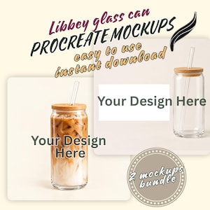 May include: Two Libbey glass can mockups with bamboo lids and glass straws. One glass is filled with an iced coffee beverage, and the other is empty. The text reads Libbey glass can PROCREATE MOCKUPS, easy to use, instant download, Your Design Here, and 2 mockups bundle.