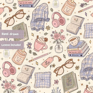 May include: A repeating pattern illustration featuring hand-drawn cozy items including open books, pink headphones, plaid blankets, candles labeled 'Slow down & read', mugs with whipped cream, floral bouquets, glasses, and bookmarks on a grid background.