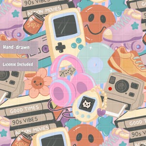 May include: A digital illustration featuring 90s themed icons including a handheld game console, pink headphones, a digital pet, roller skates, a camera, a soda can, a smiley face, and VHS tapes labelled "90s VIBES" and "ACTION MOVIES" on a grid background.
