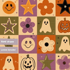 May include: A grid pattern featuring various icons including orange smiley faces, stars, flowers, ghosts, and jack-o'-lanterns in shades of orange, purple, olive green, and cream. The text "Hand-drawn" and "License Included" appears on the left side.