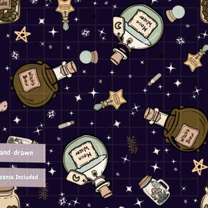 May include: A dark purple fabric pattern featuring illustrations of brown cauldrons labeled Witch's Brew, light green bottles labeled Moon Water, star-shaped vials, small mushrooms in jars, and white stars against a subtle grid background.