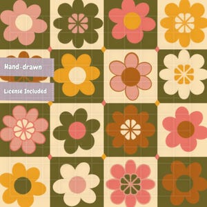 May include: A repeating pattern of stylized flowers arranged in a grid of alternating olive green and cream squares. The flowers feature various color combinations including pink, orange, brown, and white. Text reads Hand-drawn and License Included.