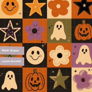 Retro Halloween sömlöst mönster, groovy spöke lapptäcke upprepat mönster, vintage tygtryck, läskig säsongsdesign, höst PNG, kommersiellt bruk