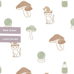 May include: A repeating pattern featuring hand-drawn illustrations of brown mushrooms, white cats wearing brown witch hats, green crystal balls, and small glass bottles filled with green liquid. The text Hand-drawn and License Included appears.