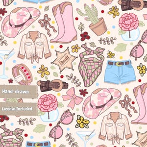 Cowgirl Seamless Pattern, Country Girl Repeat Pattern, Western Rodeo Fabric Print,Pink Cowboy Boots Digital Paper, Texas Fashion PNG Design