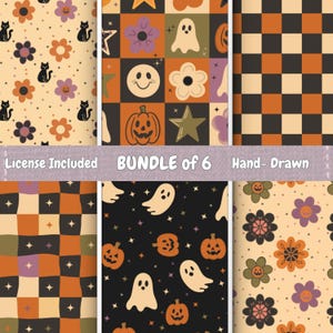May include: A digital collection of six seamless patterns featuring Halloween motifs including black cats, ghosts, jack-o'-lanterns, stars, and flowers in orange, black, cream, and purple. The text "License Included BUNDLE of 6 Hand-Drawn" is visible.