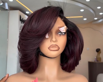 10” Raw Burgundy Bob Wig | Luxury Human Hair Bob Wig | 5x5 HD Lace Glueless Wig | Side Part Silk Press Bob | Custom Short Glam Wig