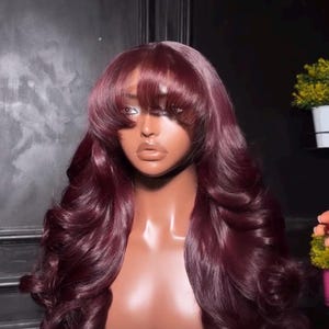26” Burgundy Body Wave Wig with Bangs | Raw Donor Human Hair Wig | 5x5 Closure Wig | Deep Wine Red Glam Wig