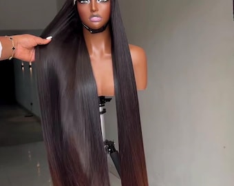 Peruca de 40" com cabelo natural doador, lisa e estruturada | Renda HD | Pontas com efeito ombré castanho | Pronta para uso sem cola