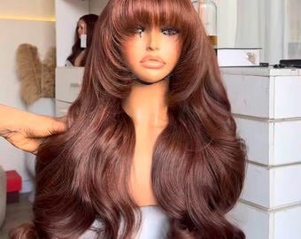Parrucca con onde morbide, colore castano ramato, 56 cm, con frangia / Chiusura in capelli umani ad alta densità
