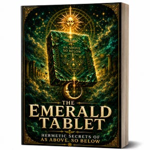 Op de afbeelding: Een hardcover boek getiteld The Emerald Tablet, met een donkergroene kaft met gouden tekst en illustraties. De kaft toont een stralende zon, een maansikkel, geometrische symbolen en de tekst As Above So Below en Hermetic Secrets.