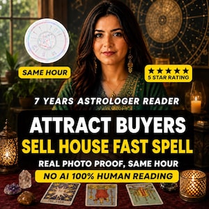 Peut inclure: Une publicité numérique pour un service de lecture astrologique avec le texte 7 YEARS ASTROLOGER READER, ATTRACT BUYERS SELL HOUSE FAST SPELL, REAL PHOTO PROOF, SAME HOUR, NO AI 100% HUMAN READING et 5 STAR RATING.