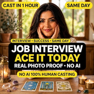 May include: A person sits behind a wooden table with three tarot cards labeled The Star, Justice, and Wheel of Fortune. Text overlays read CAST IN 1 HOUR, SAME DAY, INTERVIEW SUCCESS SAME DAY, JOB INTERVIEW ACE IT TODAY, REAL PHOTO PROOF NO AI, NO AI 100% HUMAN CASTING. A lantern and candles are present.