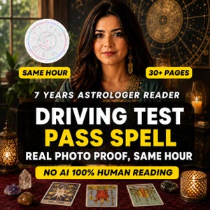 Op de afbeelding: Een digitale advertentie met een persoon met lang donker haar, een cirkelvormige astrologische kaart en drie tarotkaarten op een tafel. De tekst bevat: SAME HOUR, 30+ PAGES, 7 YEARS ASTROLOGER READER, DRIVING TEST PASS SPELL, REAL PHOTO PROOF, SAME HOUR, NO AI 100% HUMAN READING.