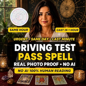 Könnte beinhalten: Eine digitale Grafik mit einer Person mit langem dunklem Haar, einer kreisförmigen Astrologiekarte und drei Tarotkarten auf einem Tisch. Textüberlagerungen umfassen DRIVING TEST PASS SPELL, SAME HOUR, CAST IN 1 HOUR, URGENT, SAME DAY, LAST MINUTE, REAL PHOTO PROOF, NO AI und NO AI 100% HUMAN READING.
