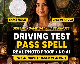 May include: A digital graphic featuring a person with long dark hair, a circular astrological chart, and three tarot cards on a table. Text overlays include DRIVING TEST PASS SPELL, SAME HOUR, CAST IN 1 HOUR, URGENT, SAME DAY, LAST MINUTE, REAL PHOTO PROOF, NO AI, and NO AI 100% HUMAN READING.