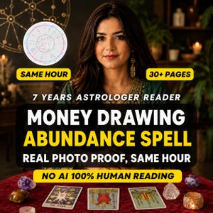 May include: A digital advertisement for a money drawing abundance spell featuring text that reads SAME HOUR, 30+ PAGES, 7 YEARS ASTROLOGER READER, MONEY DRAWING ABUNDANCE SPELL, REAL PHOTO PROOF, SAME HOUR, and NO AI 100% HUMAN READING with tarot cards.