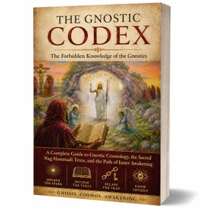 Puede incluir: Un libro de tapa dura titulado "THE GNOSTIC CODEX" con el subtítulo "The Forbidden Knowledge of the Gnostics". La portada presenta una ilustración religiosa con figuras y texto. El lomo del libro es visible.