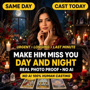 Könnte beinhalten: Eine Person mit langem dunklem Haar in einem dunkelroten Oberteil, platziert hinter einem Tisch mit drei Tarotkarten namens The Lovers, Two of Cups und Page of Cups. Textüberlagerungen umfassen SAME DAY, CAST TODAY, URGENT, LONGING, LAST MINUTE und MAKE HIM MISS YOU DAY AND NIGHT.