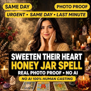 May include: A person with dark hair framed by smoke, surrounded by candles, crystals, and tarot cards. Text reads: SAME DAY, PHOTO PROOF, URGENT, SWEETEN THEIR HEART HONEY JAR SPELL, REAL PHOTO PROOF, NO AI, NO AI 100% HUMAN CASTING.