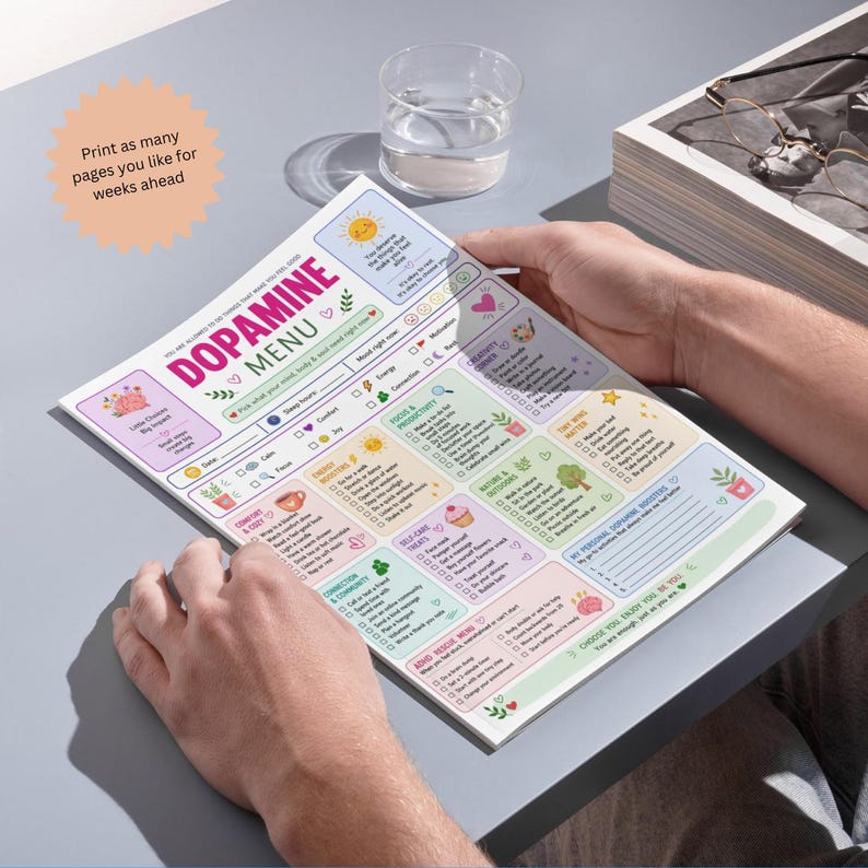 Puede incluir: Una hoja de planificador imprimible titulada Dopamine Menu con secciones para el seguimiento del estado de &aacute;nimo, niveles de energ&iacute;a y actividades diarias. El documento incluye categor&iacute;as como Comfort & Cozy, Energy Boosters, Focus & Productivity y ADHD Rescue Menu con iconos coloridos y avisos de texto sobre un fondo blanco.