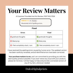 K&ouml;nnte beinhalten: Eine wei&szlig;e Informationsgrafik mit dem Titel Your Review Matters, die eine Drei-Sterne-Kundenbewertung mit Rechtschreibfehlern zeigt. Eine Tabelle vergleicht urspr&uuml;ngliche Fehler wie gratitude thoughts und meal prop mit korrigierten Versionen. Der Text erl&auml;utert das Qualit&auml;tsversprechen.