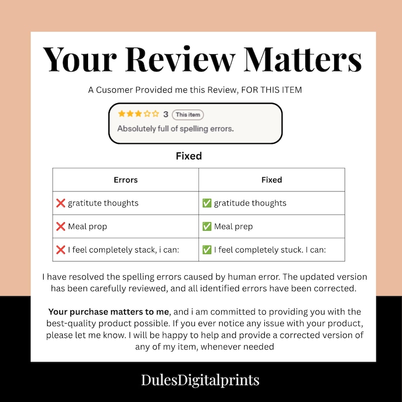 K&ouml;nnte beinhalten: Eine wei&szlig;e Informationsgrafik mit dem Titel Your Review Matters, die eine Drei-Sterne-Kundenbewertung mit Rechtschreibfehlern zeigt. Eine Tabelle vergleicht urspr&uuml;ngliche Fehler wie gratitude thoughts und meal prop mit korrigierten Versionen. Der Text erl&auml;utert das Qualit&auml;tsversprechen.