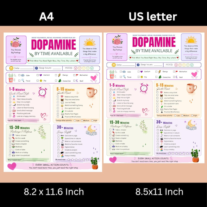 Op de afbeelding: Twee printbare dopamine menu planners gelabeld A4 op 21,0 bij 29,7 cm en US letter op 21,6 bij 27,9 cm. Elk blad bevat secties voor 1-5, 5-15, 15-30 en 30+ minuten aan activiteiten, met selectievakjes en kleurrijke iconen.