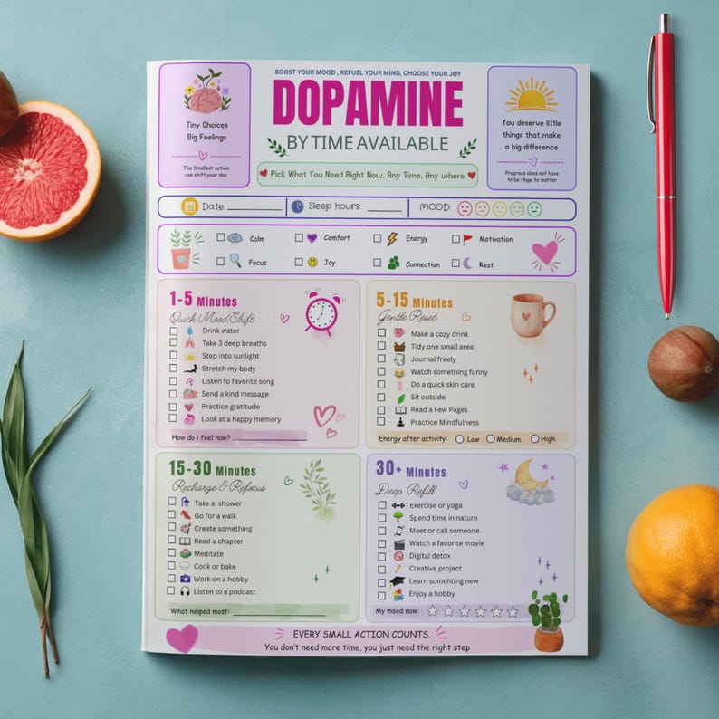 Op de afbeelding: Een witte papieren planner getiteld Dopamine By Time Available met secties voor 1-5, 5-15, 15-30 en 30+ minuten. De planner bevat kleurrijke iconen, selectievakjes en tekstprompts voor het bijhouden van stemmingen en dagelijkse activiteiten.