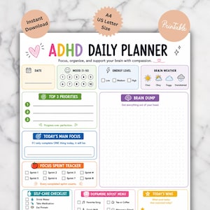 May include: A printable ADHD daily planner sheet in A4 and US Letter size. The layout includes sections for date, mood, energy level, brain weather, top 3 priorities, brain dump, main focus, focus sprint tracker, self-care checklist, and wins.