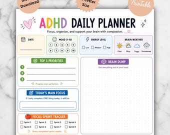 Planificador diario imprimible para TDAH / Planificador de salud mental, apoyo para la función ejecutiva, seguimiento de la concentración y la productividad (PDF)