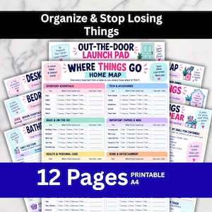 以下が含まれることがあります： Organize & Stop Losing Thingsと題された12枚のA4印刷用ページセット。Where Things Go Home Mapが含まれています。書類には、日用品、テックアクセサリー、バッグ、書類、家庭用品のチェックリストが記載されています。