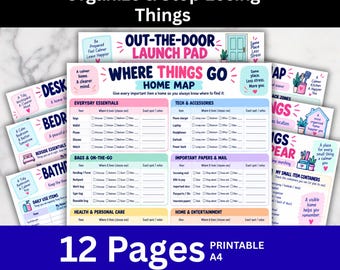 May include: A set of 12 printable A4 pages titled Organize & Stop Losing Things, featuring a Where Things Go Home Map. The documents include checklists for everyday essentials, tech accessories, bags, papers, health care, and home entertainment.