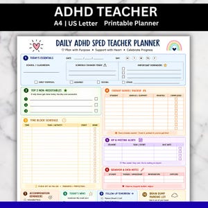 May include: A printable daily ADHD SPED teacher planner page featuring sections for essentials, top three non-negotiables, time block schedule, student service tracker, IEP and meeting alerts, behavior and data notes, and a brain dump parking lot.
