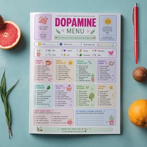 Puede incluir: Una hoja de planificador Dopamine Menu con secciones de colores pastel para actividades de autocuidado, incluyendo categor&iacute;as como Comfort & Cozy, Energy Boosters y Focus & Productivity, con casillas de verificaci&oacute;n, iconos y texto.