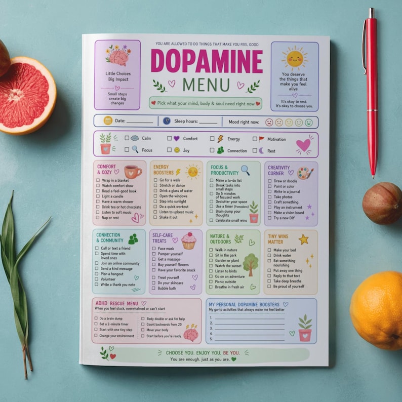 Puede incluir: Una hoja de planificador Dopamine Menu con secciones de colores pastel para actividades de autocuidado, incluyendo categor&iacute;as como Comfort & Cozy, Energy Boosters y Focus & Productivity, con casillas de verificaci&oacute;n, iconos y texto.