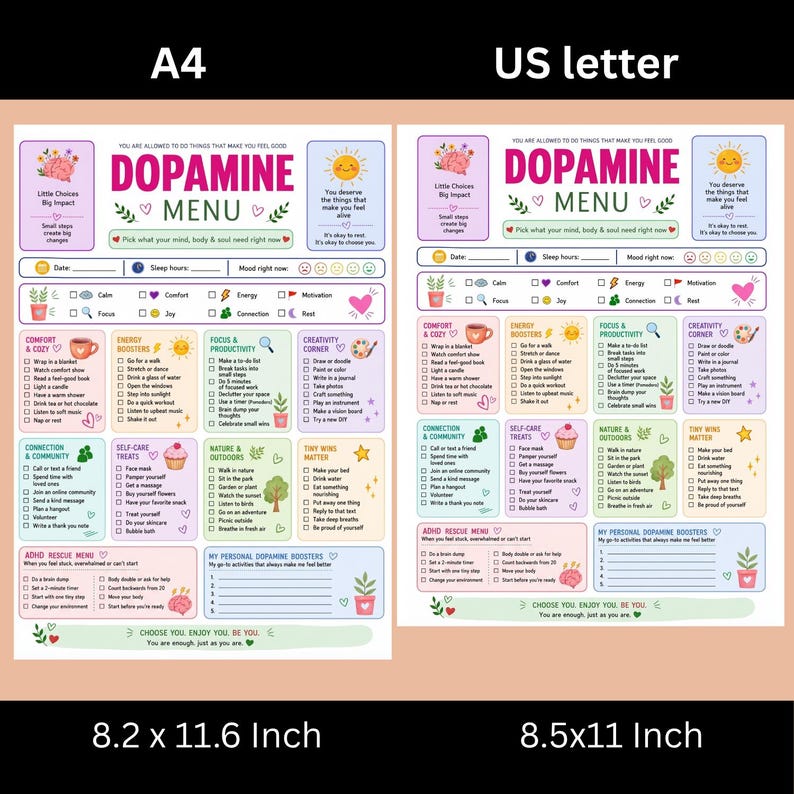 Menú de dopamina imprimible / Planificador de autocuidado para el TDAH / Herramienta neurodivergente para la salud mental (Descarga digital) imagen 6