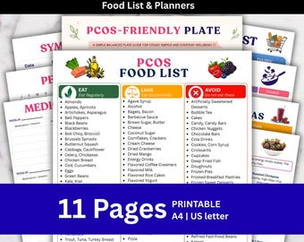 PCOS Diet Chart Printable | Food List, 7-Day Meal Plan, Grocery List, Smoothie, Snacks & Trackers (Symptom, Medication, Period) PDF / PNG