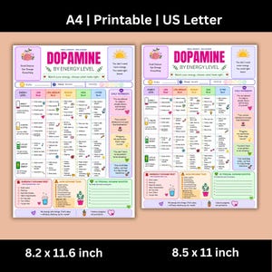 K&ouml;nnte beinhalten: Zwei druckbare Dopamin-Energielevel-Diagramme in A4- und US-Letter-Gr&ouml;&szlig;e. Die Diagramme verf&uuml;gen &uuml;ber ein Rasterlayout mit Spalten f&uuml;r Energielevel und Zeilen f&uuml;r Aufgaben, einschlie&szlig;lich Abschnitten f&uuml;r t&auml;gliche Erinnerungen und pers&ouml;nliche Booster.