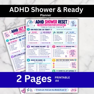 Può includere: Un planner stampabile di due pagine ADHD Shower Reset and Get Ready in formato A4. I documenti presentano testo colorato, liste di controllo e icone progettate per suddividere le routine di igiene in passaggi piccoli e gestibili.