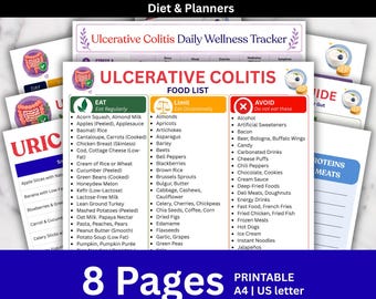 May include: A set of 8 printable pages for an Ulcerative Colitis diet and wellness planner. The documents feature food lists categorized by eat, limit, and avoid, along with daily wellness trackers, all formatted for A4 and US letter paper sizes.