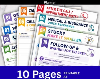 May include: A 10-page printable ADHD Appointment Planner in A4 size. The pages feature numbered tabs from 01 to 10, with headings like After the Call, Medical & Insurance Quick Reference, Stuck? Make It Smaller, and Follow-up & Waiting for Tracker.