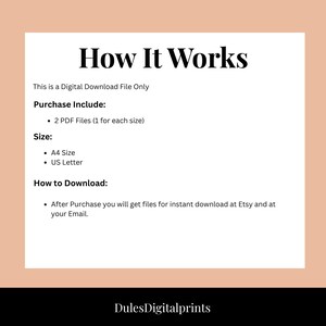 Puede incluir: Un gr&aacute;fico informativo blanco con texto negro titulado How It Works. Indica que es un archivo de descarga digital que incluye dos archivos PDF en tama&ntilde;o A4 y US Letter. Explica que los archivos est&aacute;n disponibles para descarga inmediata.
