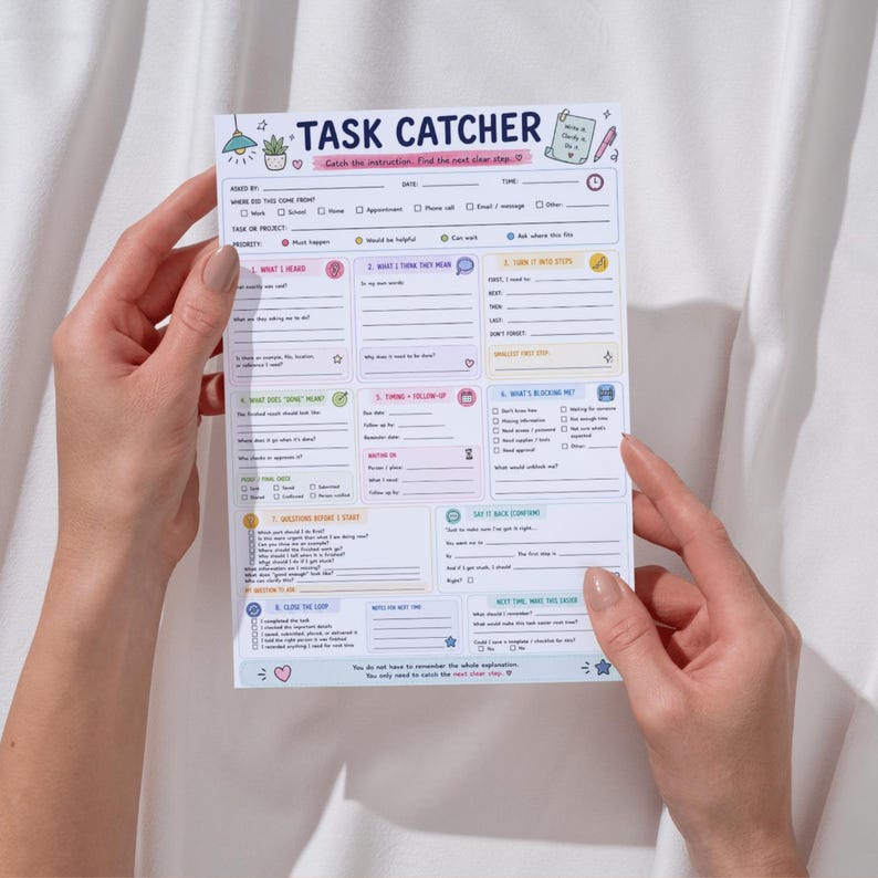 May include: A white paper task planner sheet titled TASK CATCHER with colorful pastel sections for organizing projects. The layout includes numbered fields for steps, priority, timing, and follow-up, featuring small icons like a lamp, plant, and pen.