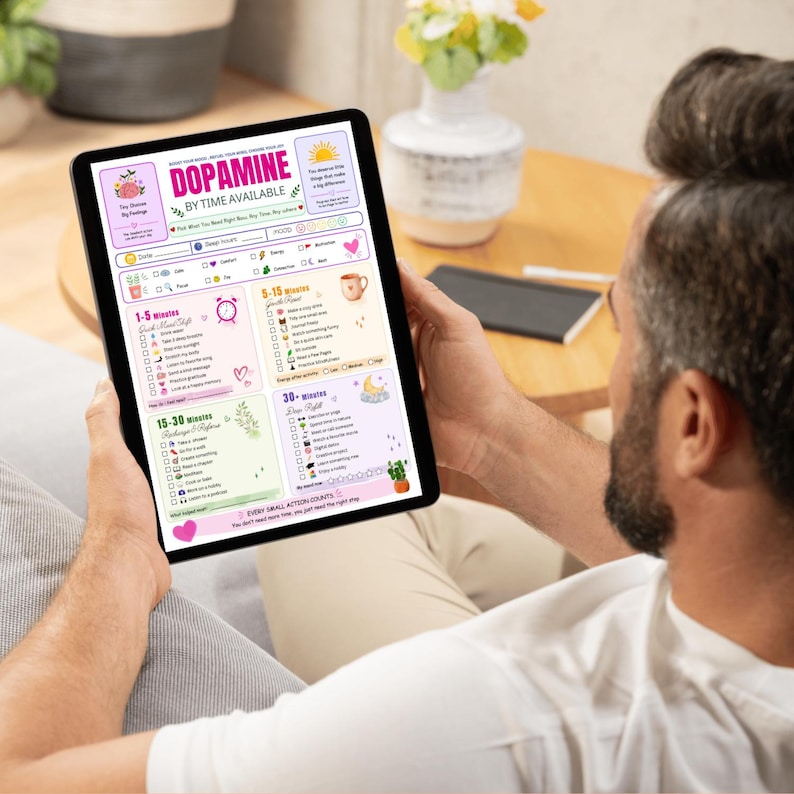 Op de afbeelding: Een digitale tablet met een Dopamine by Time Available planner-sjabloon. Het scherm bevat secties voor 1-5 minuten, 5-15 minuten en 30+ minuten aan activiteiten, met kleurrijke iconen, selectievakjes en tekstkoppen in roze, groen en geel.
