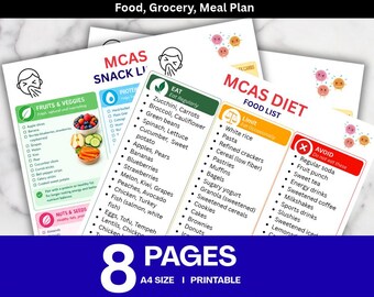 May include: A set of eight printable A4 size pages titled MCAS Food, Grocery, Meal Plan. The documents feature categorized lists for eating, limiting, and avoiding specific foods, with icons of sneezing faces and colorful food illustrations.